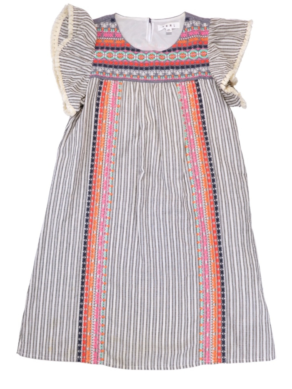 THML Embroidered Striped Boho Dress XS Flutter Sleeve Tassel Trim